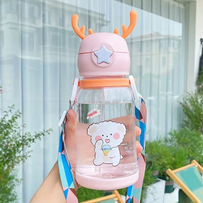 Cartoon Antler Water Bottle with Strap