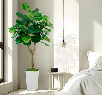 SJSCYD Fiddle Leaf Fig Tree 6ft Artificial Tree with White Tall Planter Large Faux Plants Indoor Fake Fig Tree in Pot for Home Office Bedroom Living Room Decor Garden Outdoor Housewarming Gift