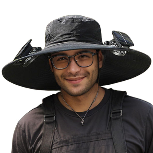 Men Sun Hat with 2 Solar Fan UPF 50+ Fishing Hats Wide Brim UV Protection Sun Hat for Beach Garden Outdoor Sports USB ChargingBlackOne Size