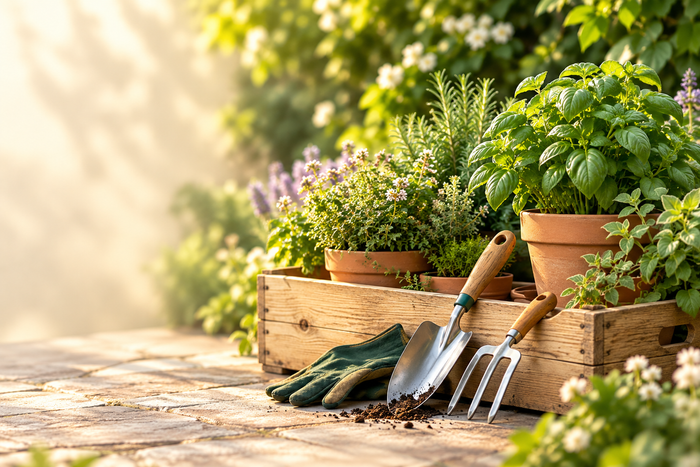 Garden tools and herbs in a wooden crate