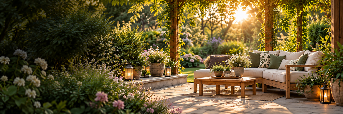 Garden patio with cream sofa and flowering plants