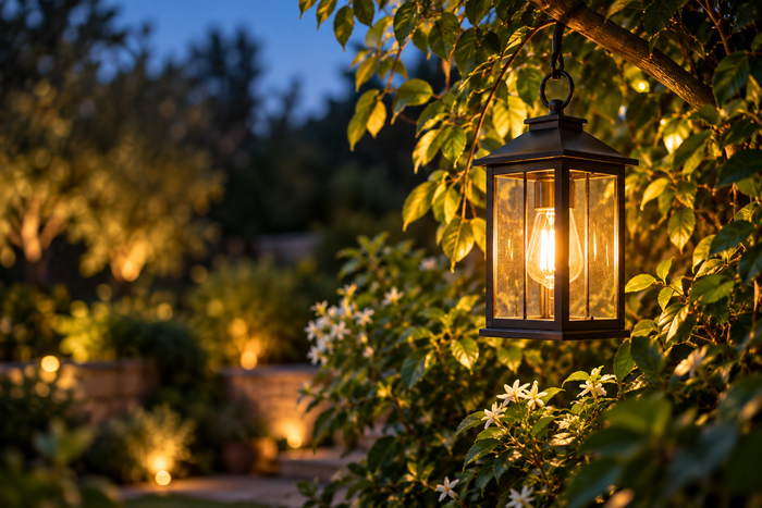 Glowing garden lantern among leaves