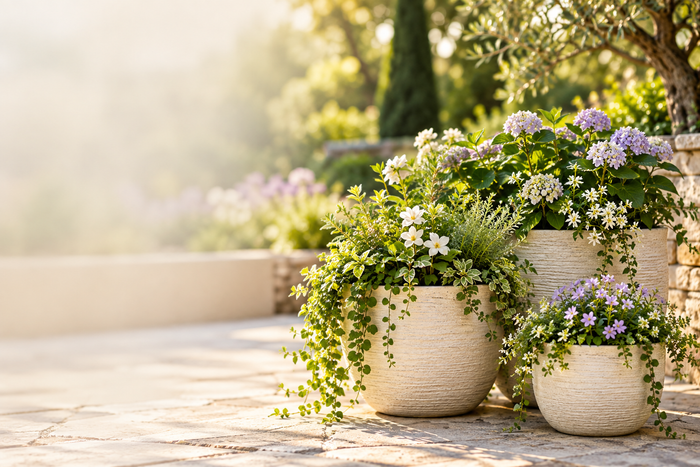 Cream planters filled with garden greenery