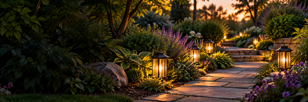 Warm garden lanterns along a stone path