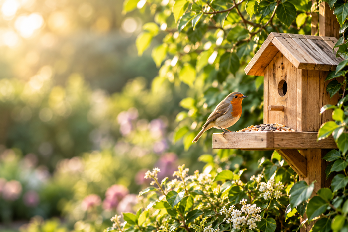 Robin beside a timber birdhouse